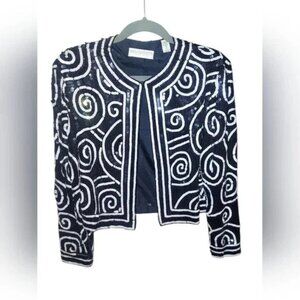 Vintage Valerie Stevens Pure Silk Blazer Sequin Black/White Beaded Jacket